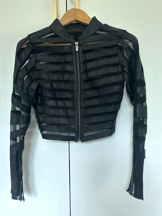 bebe Jackets & Blazers - BEBE Genuine Leather Mesh Cage Cropped Moto Jacket Black small